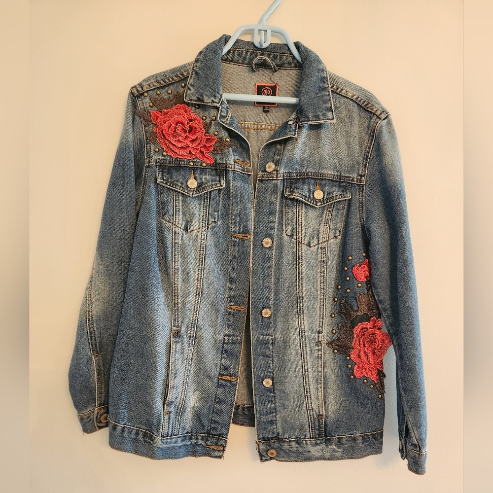 Boom Boom Jeans Blue Denim Jacket with Red Floral Embroidery - Picture 1 of 6